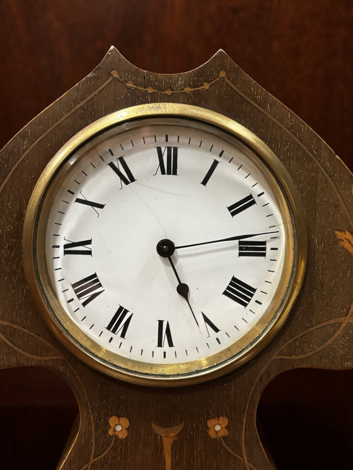 Art Nouveau Inlaid Mahogany Clock. Ticking Away Nicely, Comes With A Key.