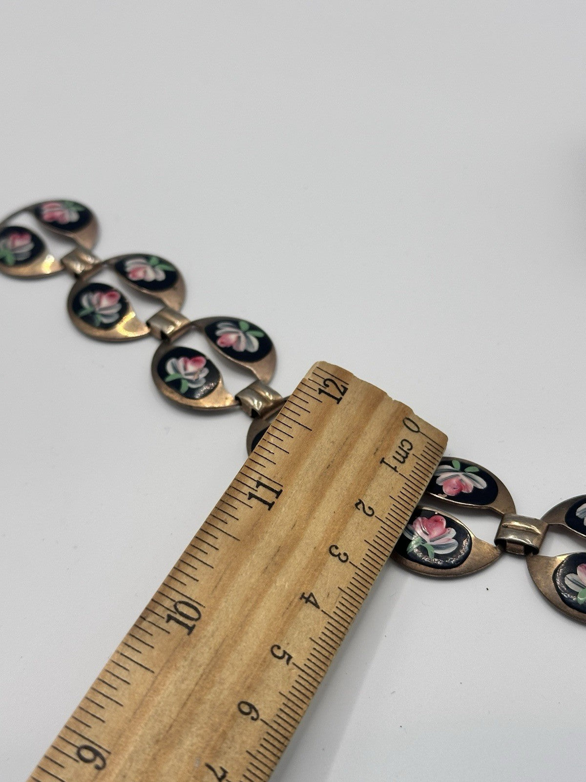 Beautiful Vintage Enamelled Hand Painted Pink Flowers Metal Bracelet