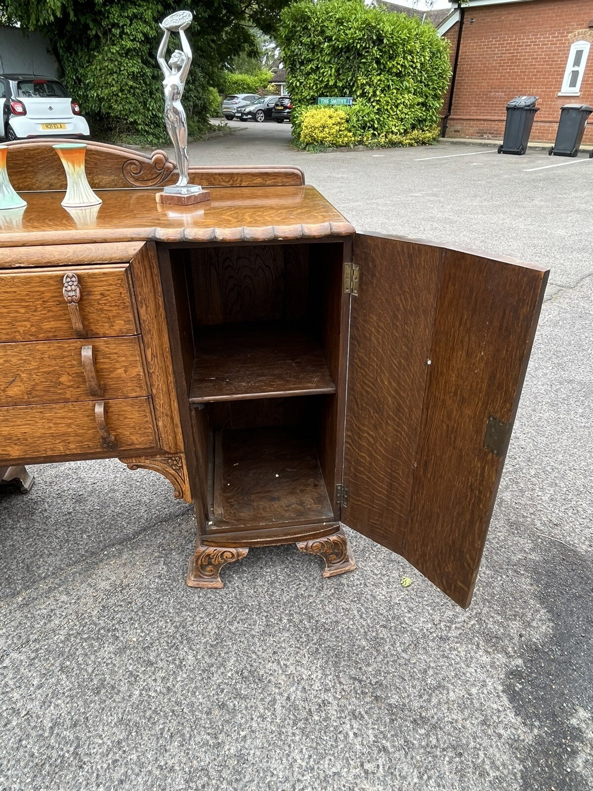 Art Deco Oak Sideboard. Circa 1930's. Carved With Flowers . Lots Of Storage.
