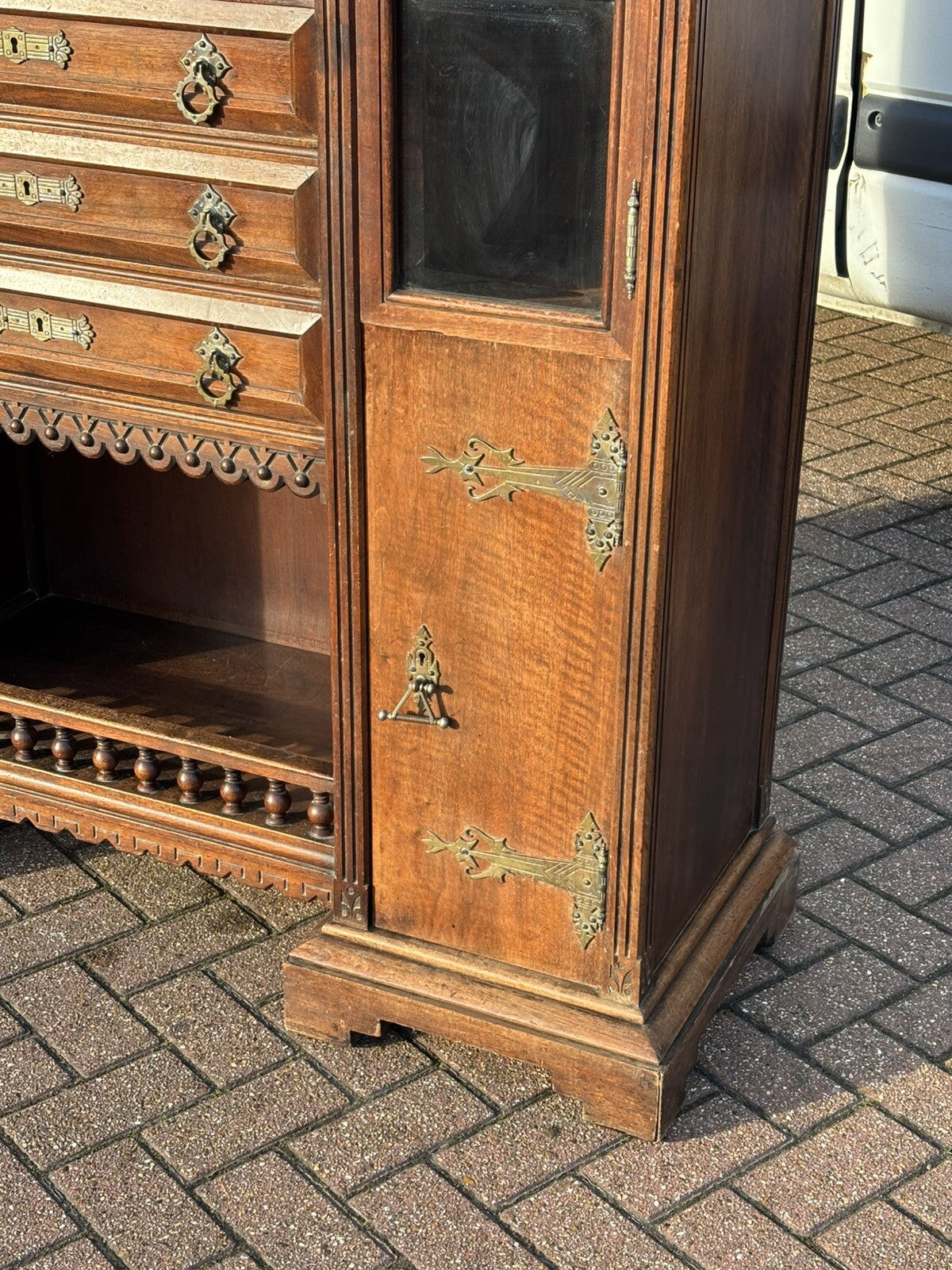 Arts & Crafts French Walnut Bookcase / Cupboard With Fitted Shelves & Drawers