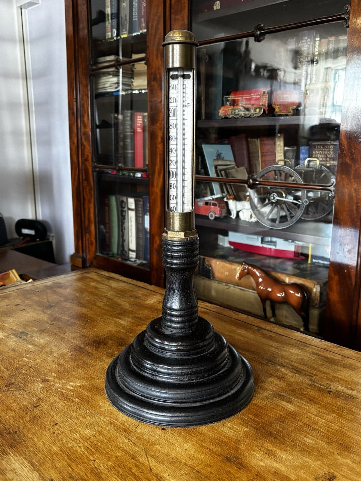 Antique Industrial Brass Boiler Thermometer With Sliding Window On Stand