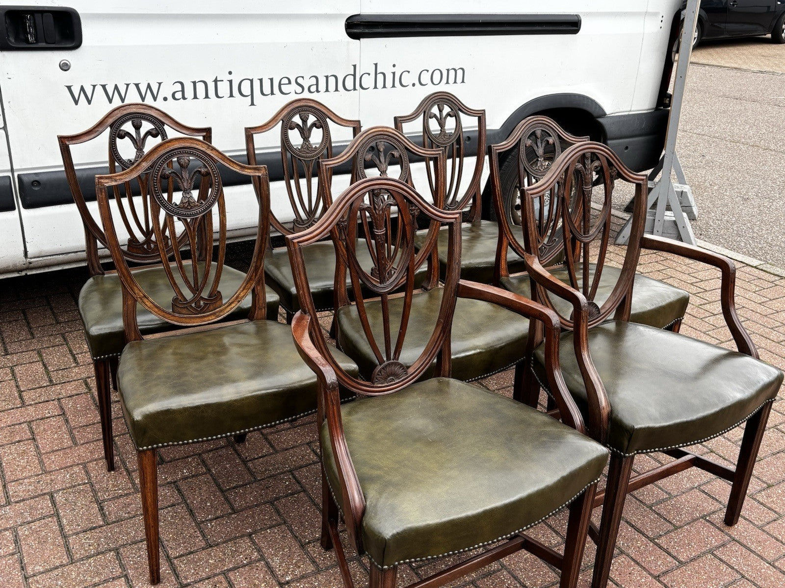 8 Hepplewhite Dining Chairs. Green Leather Upholstery. Prince Of Wales Feathers
