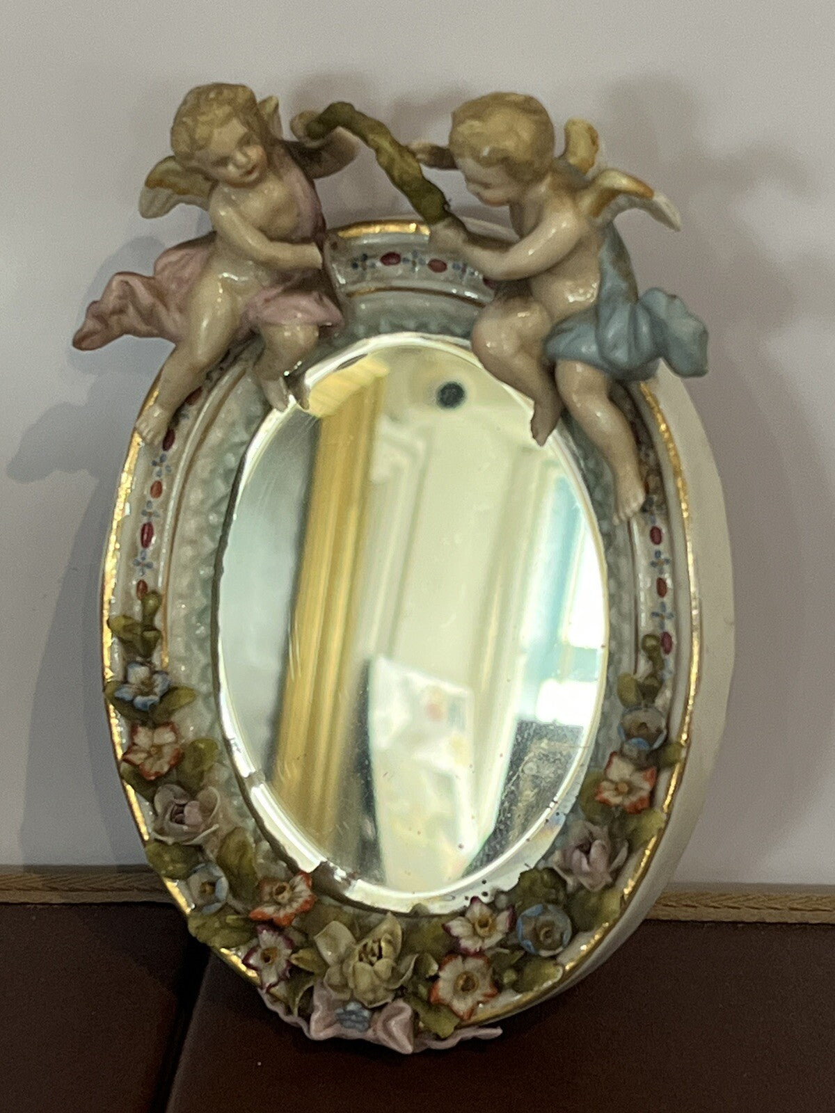 Antique Meissen German Porcelain Wall Mirror Set. Decorated With Cherubs & Birds