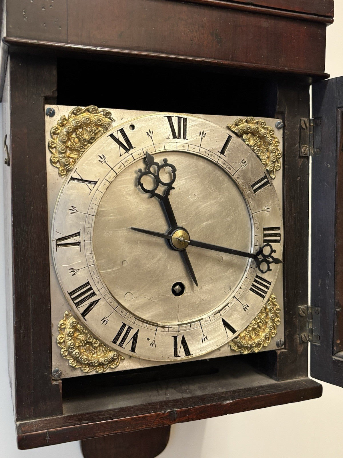 18th Century Mahogany Hooded Wall Clock, 6.5 Inch Dial.