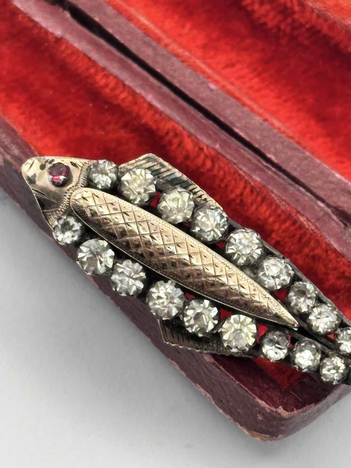 Antique 9ct Gold Silver Paste Fish Brooch With Ruby Eye
