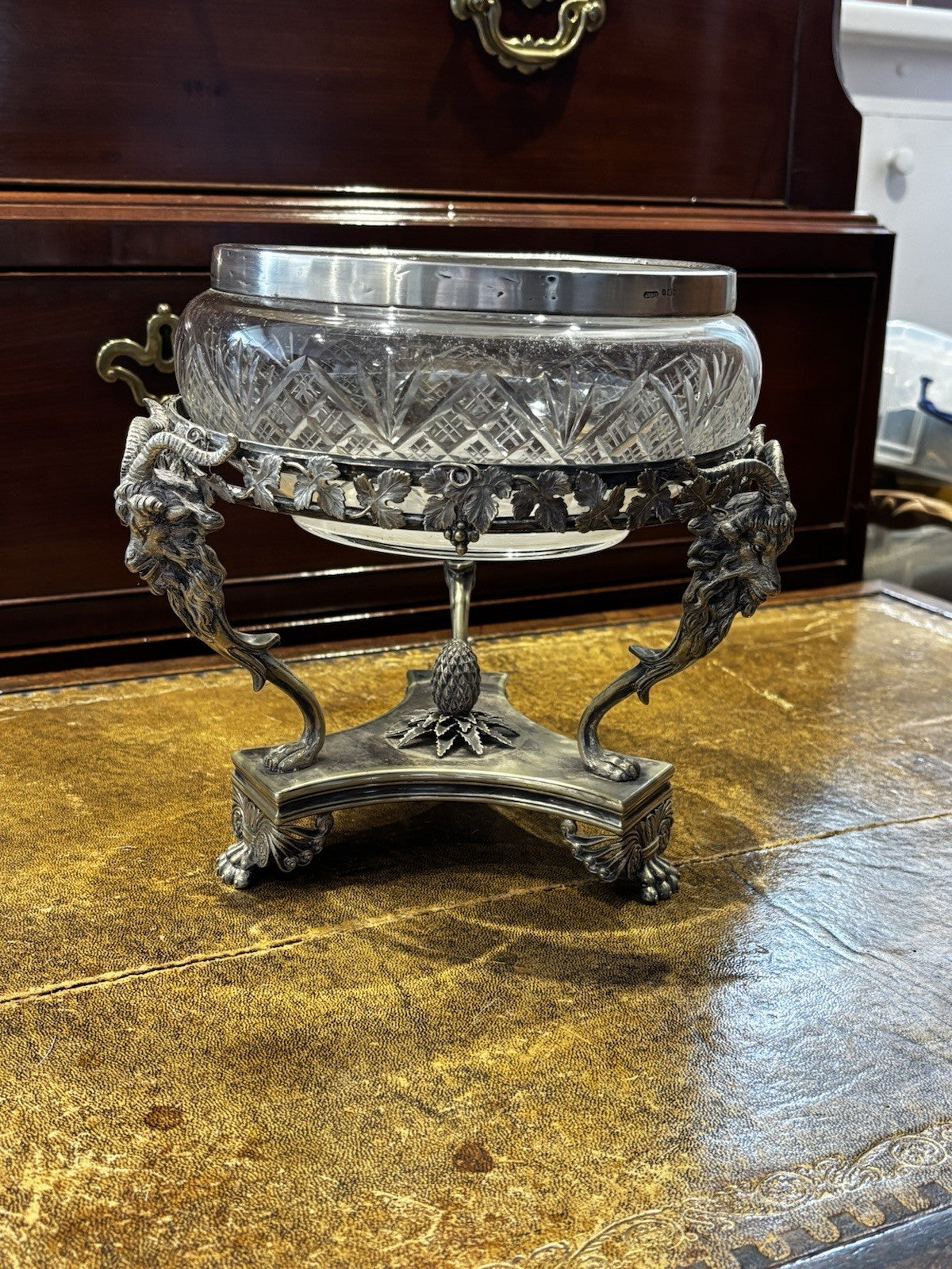 Antique Centrepiece Decorated With Ram Mask Mounts, & Foliage On Claw Feet.