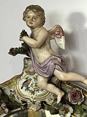 Antique Meissen German Porcelain Wall Mirror Set. Decorated With Cherubs & Birds