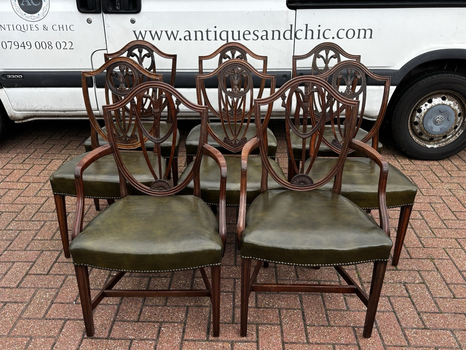 8 Hepplewhite Dining Chairs. Green Leather Upholstery. Prince Of Wales Feathers