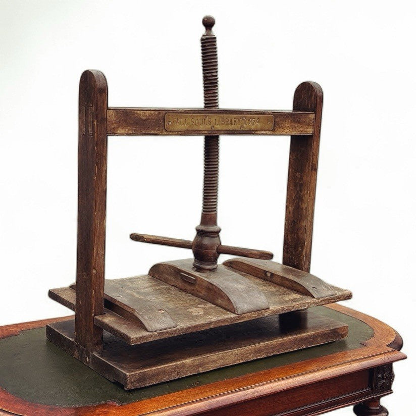 Antique Oak Book Press With Brass Plaque    "All Souls Library"