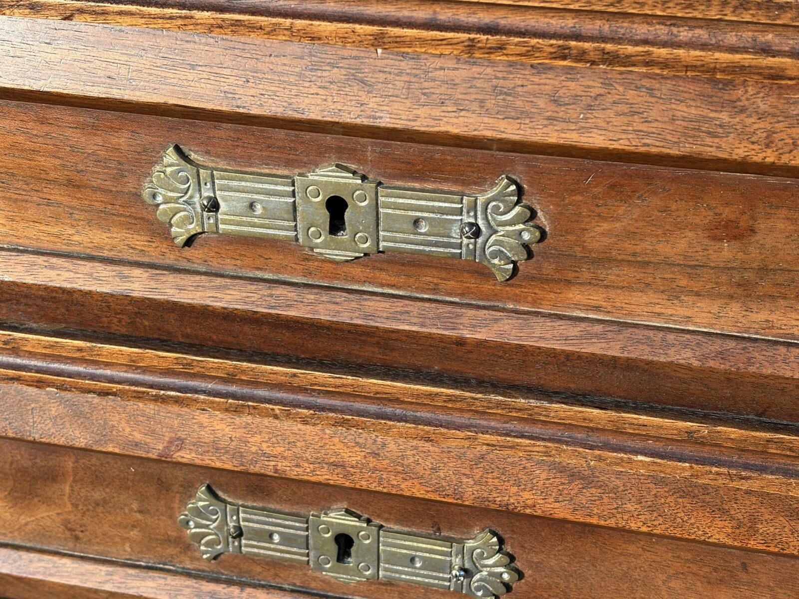 Arts & Crafts French Walnut Bookcase / Cupboard With Fitted Shelves & Drawers