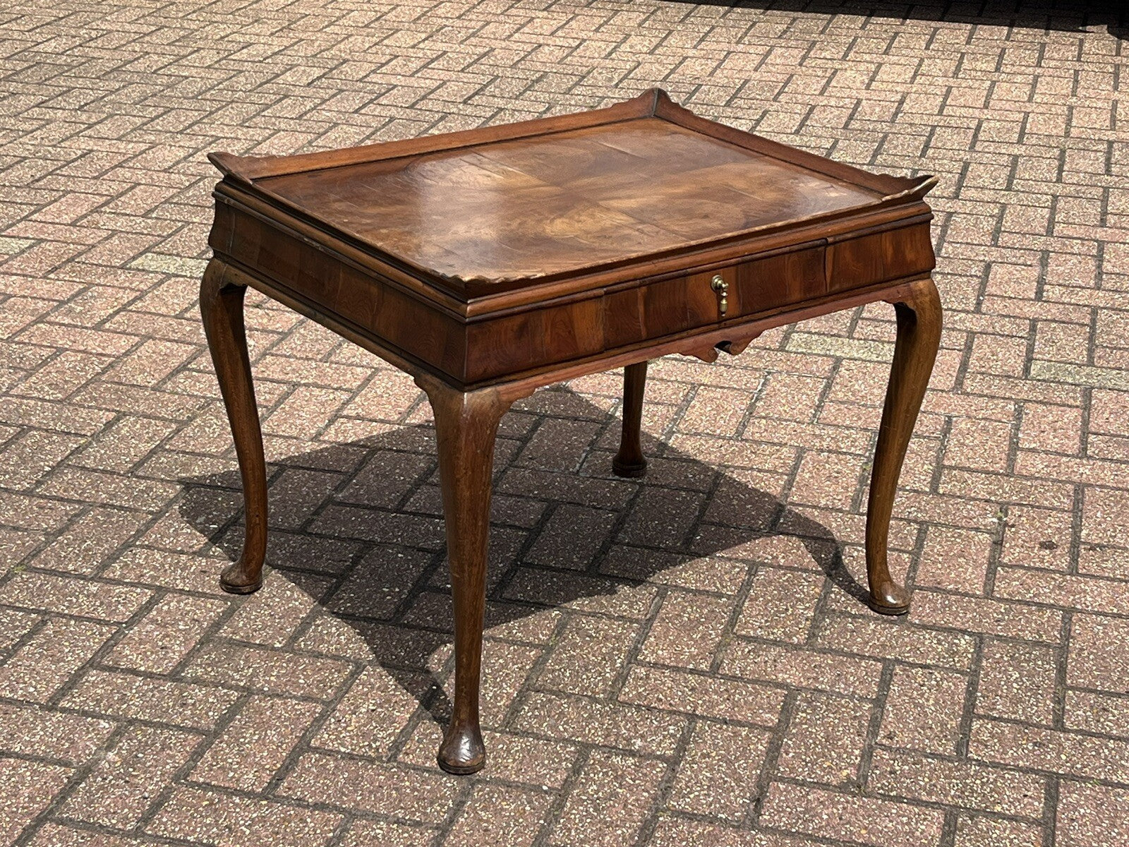Antique Walnut Tray Top Side Table With Drawer. Pad Feet, Brass Handle.