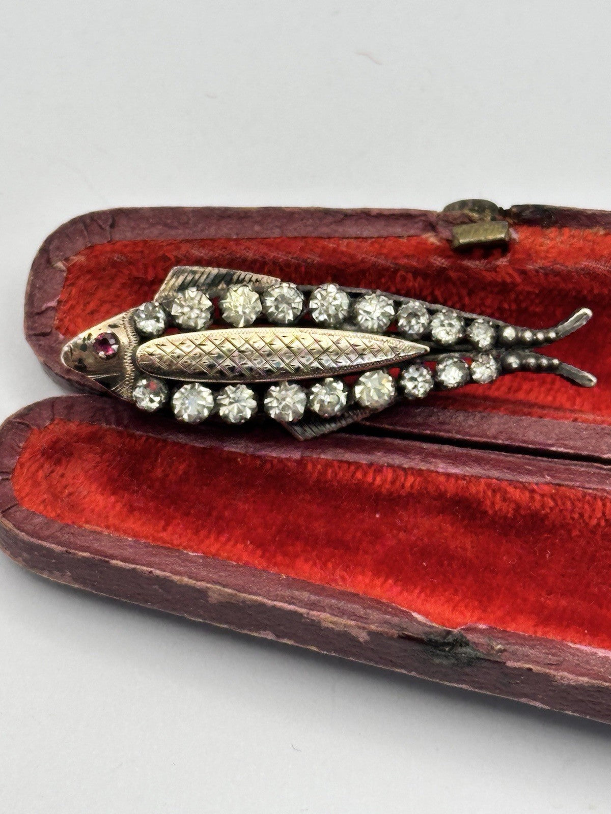 Antique 9ct Gold Silver Paste Fish Brooch With Ruby Eye