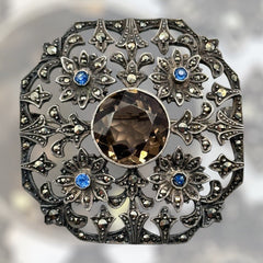Antique Edwardian  Silver 925 Marcasite Glass Stone Brooch