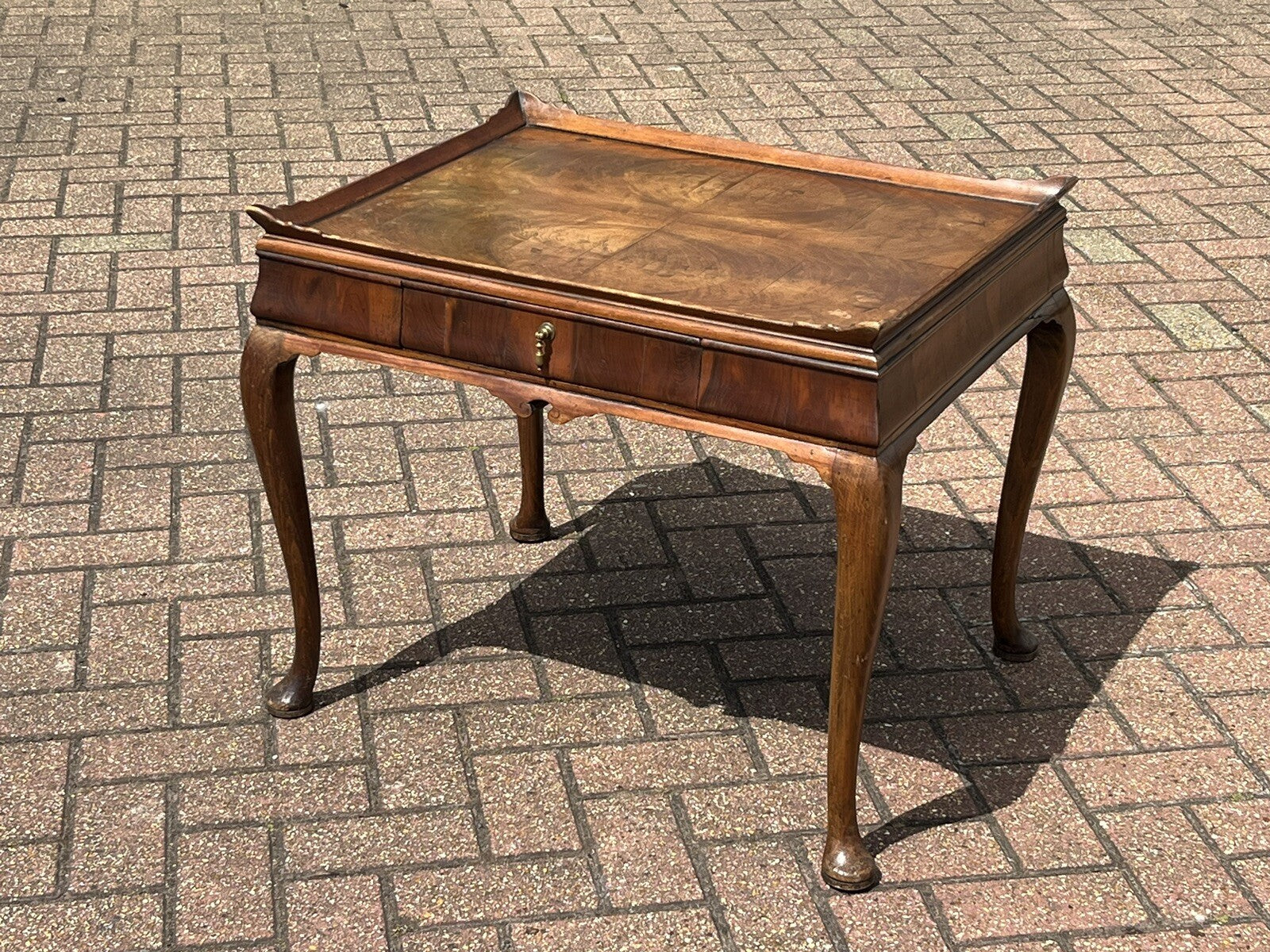 Antique Walnut Tray Top Side Table With Drawer. Pad Feet, Brass Handle.