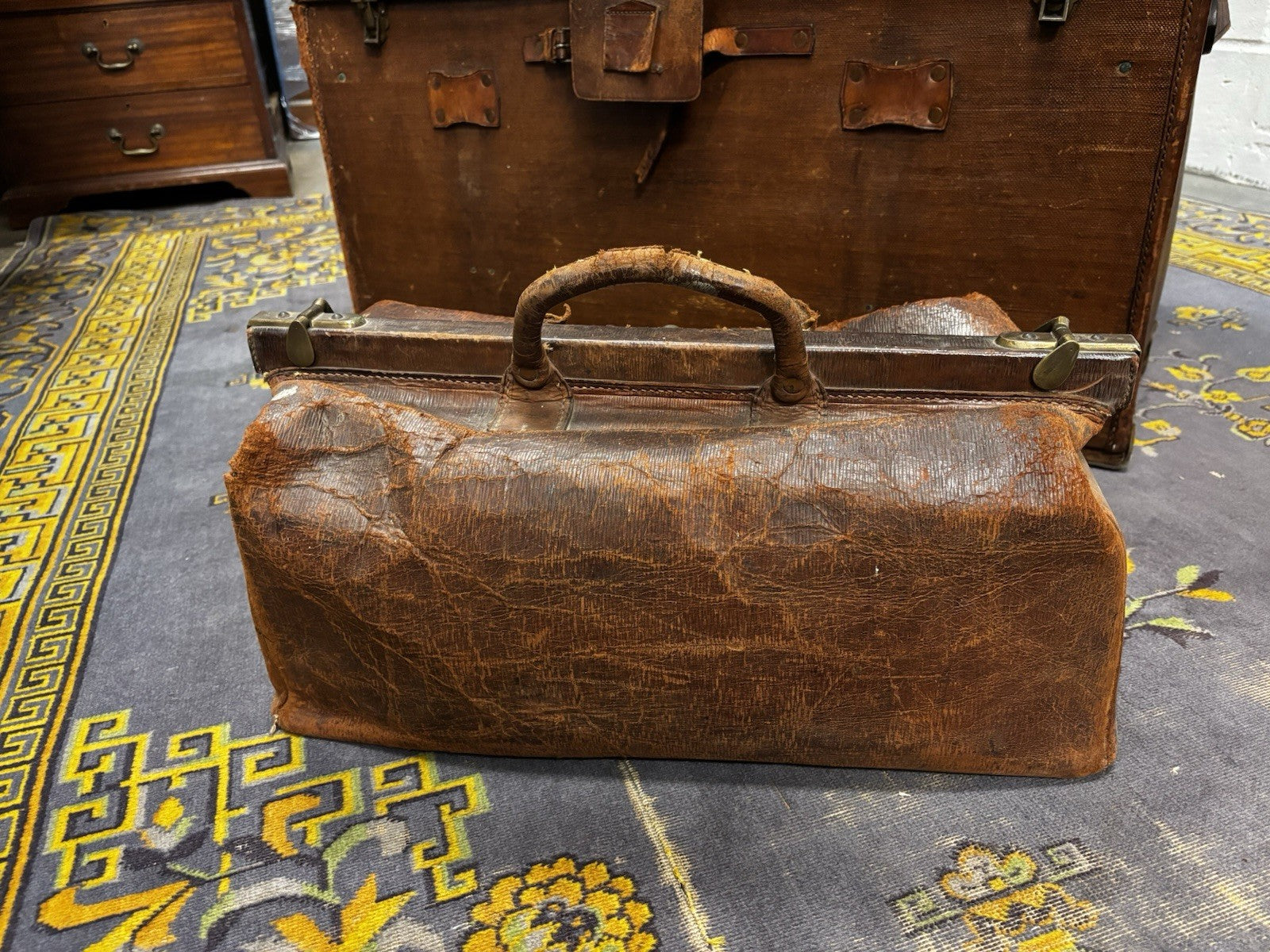 Antique Collection Of Luggage, Trunk, Hat Box & Bag.