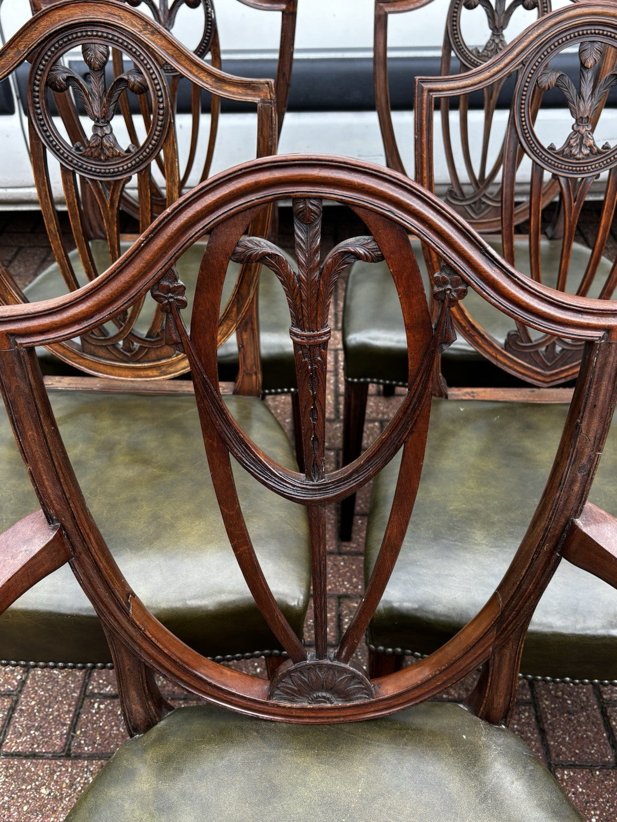 8 Hepplewhite Dining Chairs. Green Leather Upholstery. Prince Of Wales Feathers