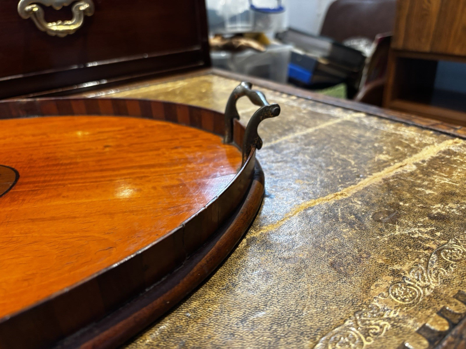 Antique Mahogany Drinks Tray With Marquetry Inlay To Centre.