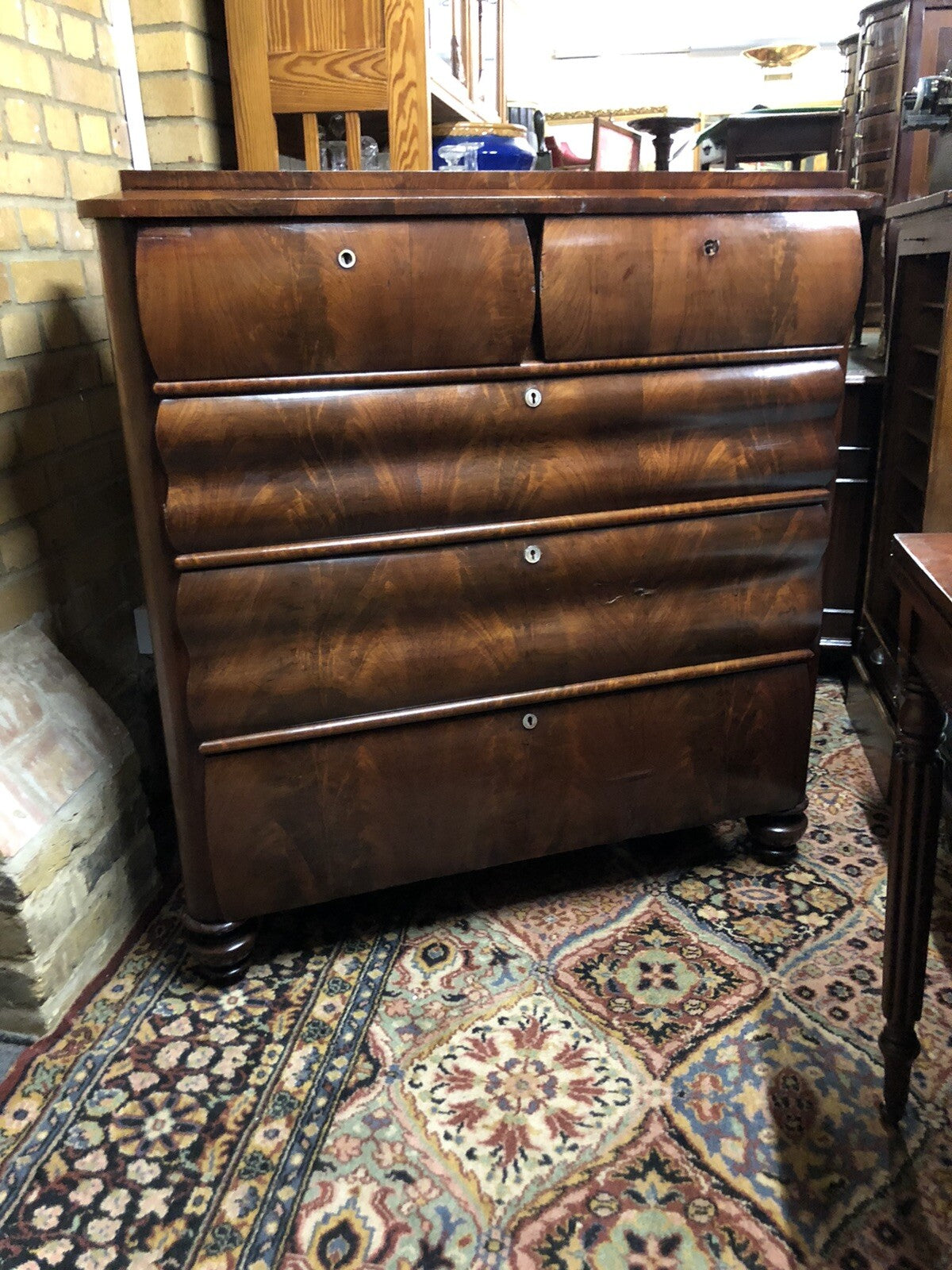 Antique Mahogany Biedermeier Chest Of Drawers, Flame Veneers. Circa 1860