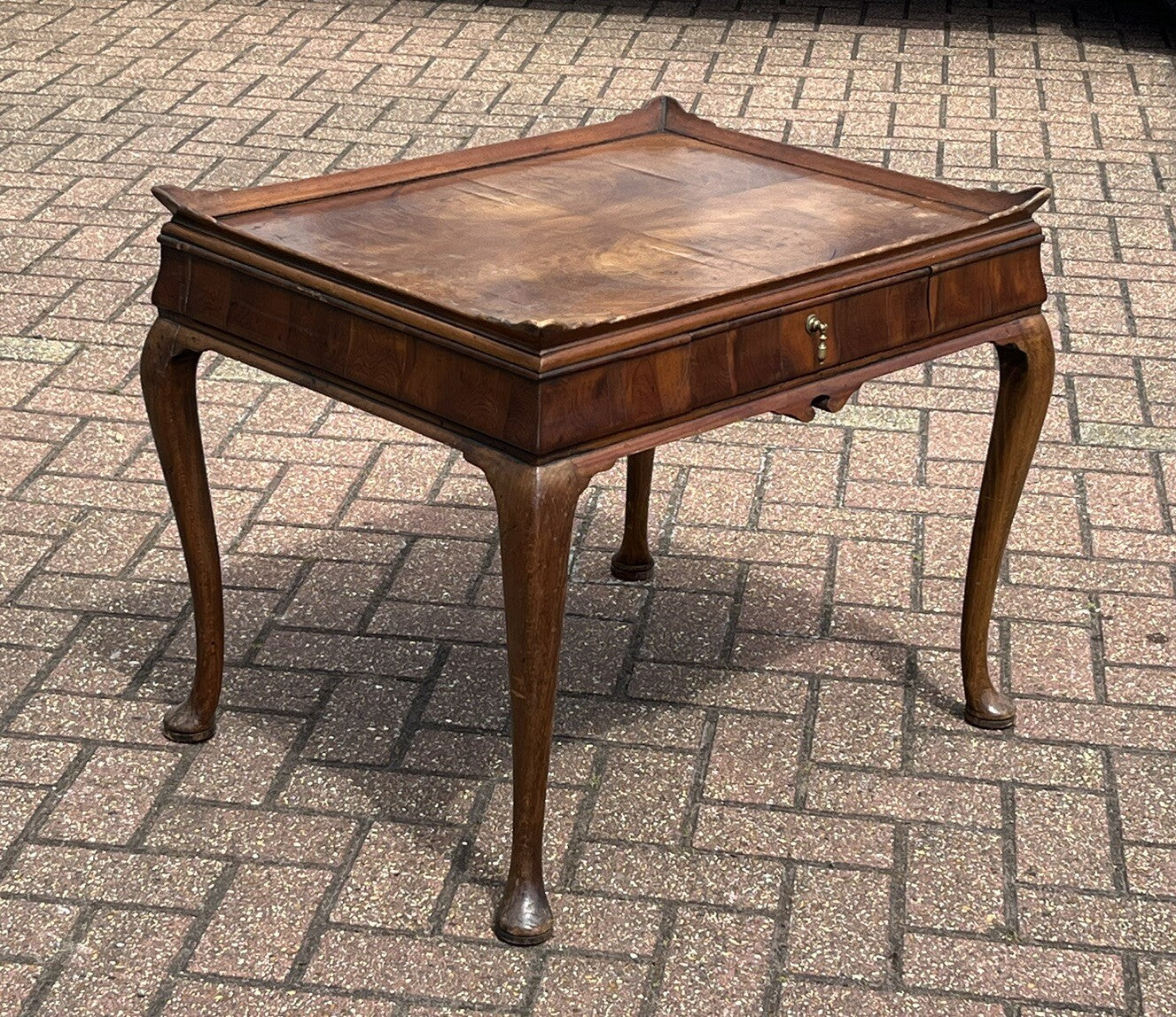 Antique Walnut Tray Top Side Table With Drawer. Pad Feet, Brass Handle.