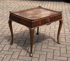 Antique Walnut Tray Top Side Table With Drawer. Pad Feet, Brass Handle.