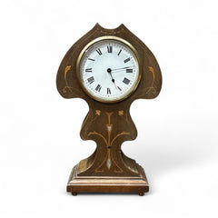 Art Nouveau Inlaid Mahogany Clock. Ticking Away Nicely, Comes With A Key.