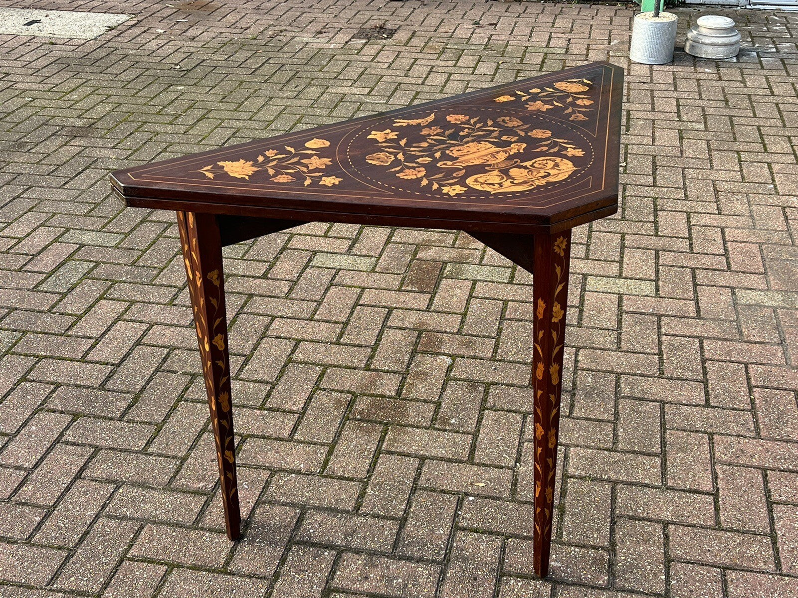 18thC Dutch Marquetry Games Table With Fold Over Lid & Baized Playing Area