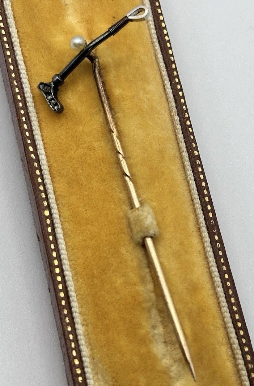 Antique 9ct Gold 15ct Gold Diamond Riding Crop On 9ct Gold Stick Pin