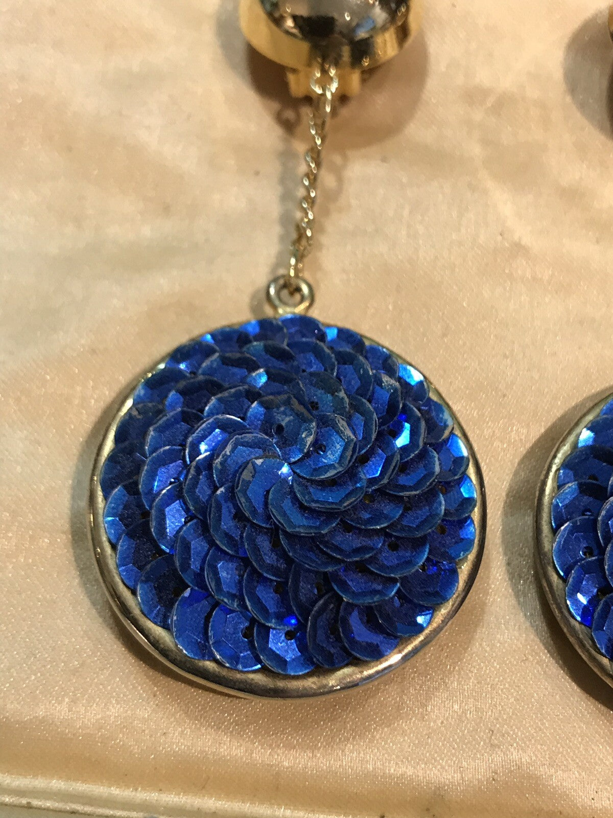 1980s Statement Drop Clip On Earrings Blue Sequin