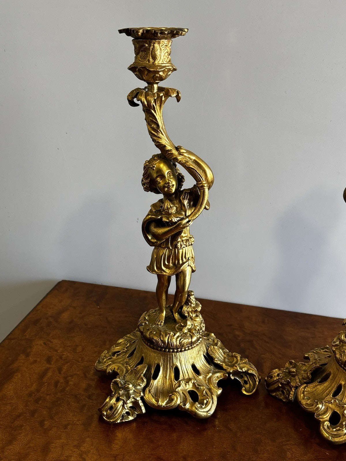 19th Century Gilt Bronze Candlesticks, Boy & Girl Figures, Very Good Quality.