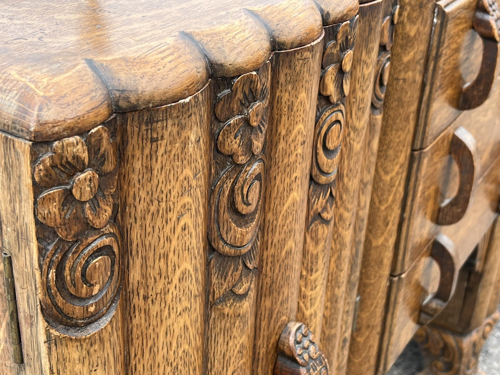 Art Deco Oak Sideboard. Circa 1930's. Carved With Flowers . Lots Of Storage.