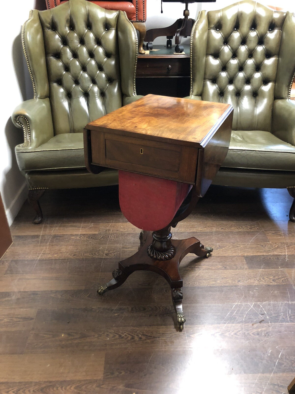 Antique Regency Mahogany Sewing Table & Workbox, On Brass Castors