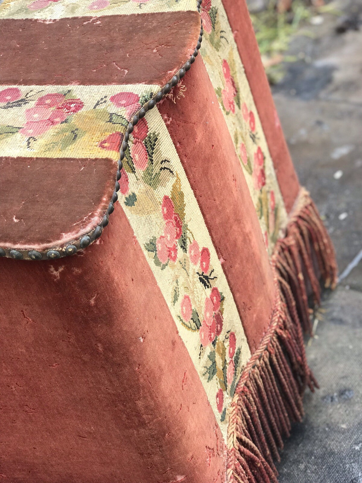Antique Fireside Log Storage With Original Upholstered Decoration