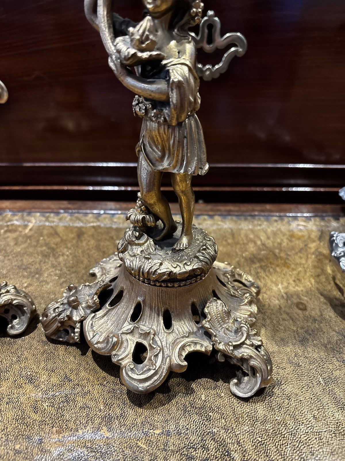 19th Century Gilt Bronze Candlesticks, Boy & Girl Figures, Very Good Quality.