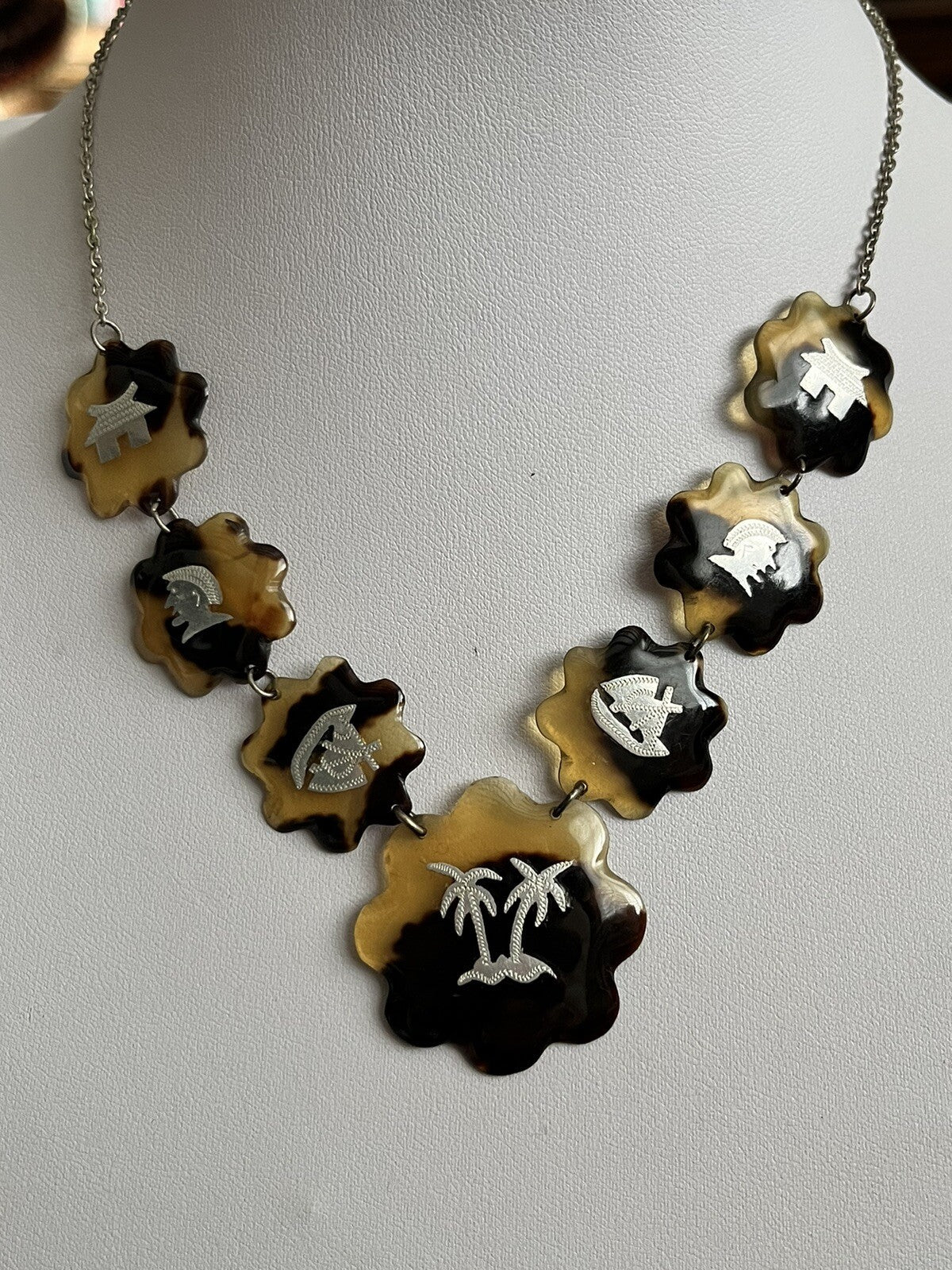 Antique Natural Marine Shell Silver Pique Palm Tree Necklace