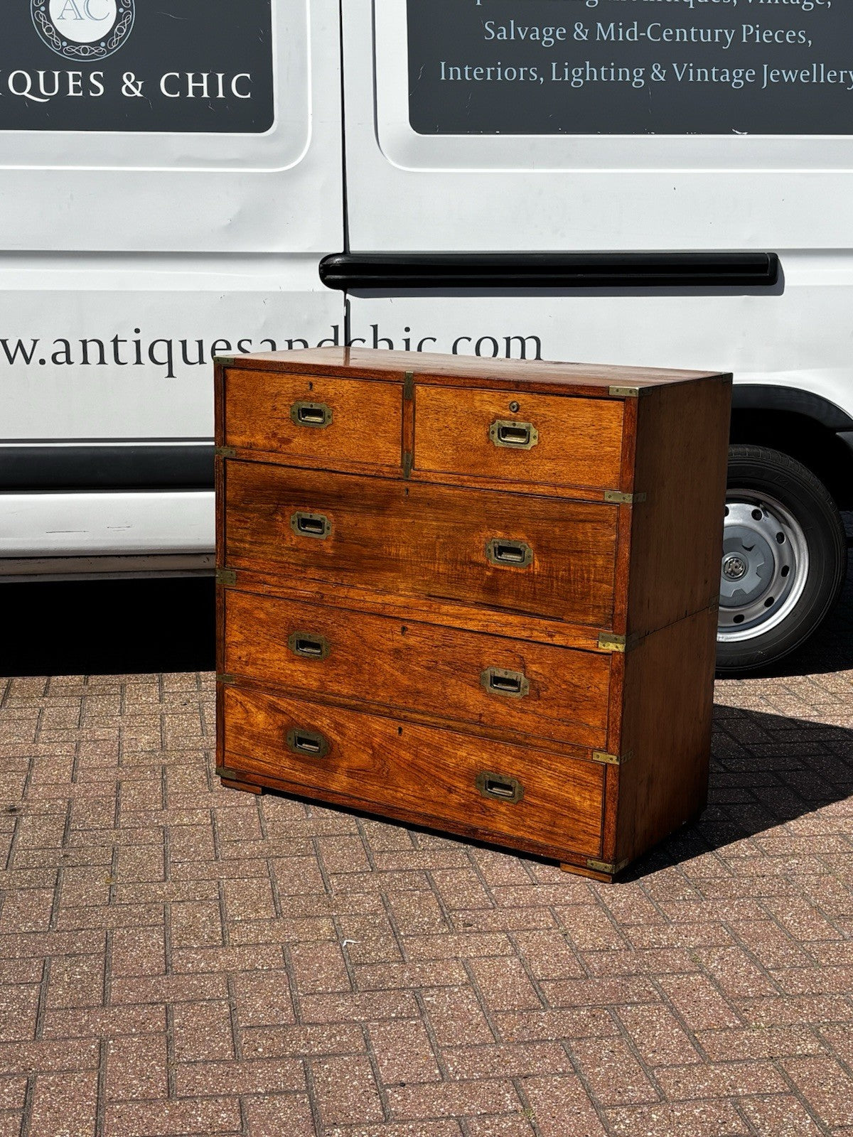 Antique Brass Bound Campaign Chest, Military Chest. Splits In 2 Pieces.
