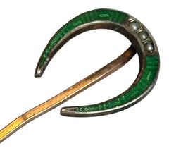 Antique Gold Tone Metal Green Enamel Seed Pearl Lucky Horseshoe Stick Pin