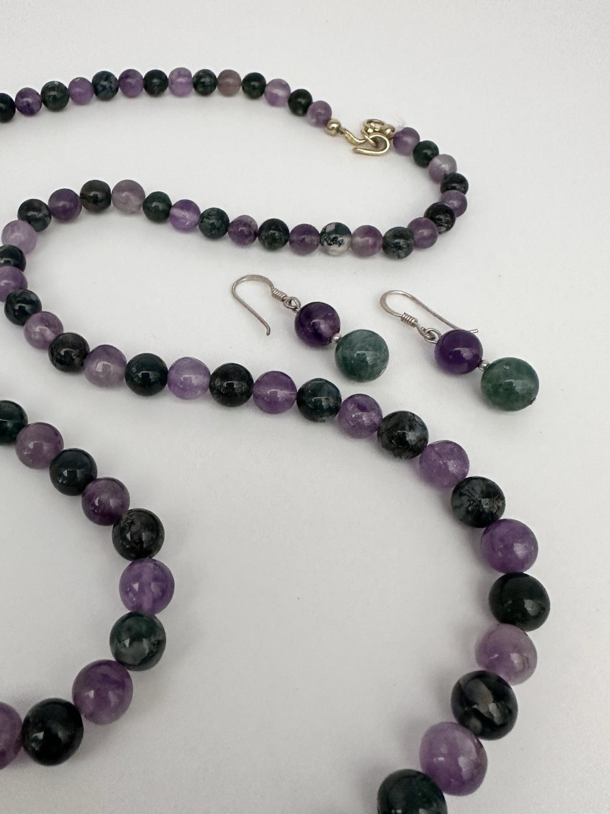Amethyst And Moss Agate Beaded Necklace And Sterling Silver Earring Set