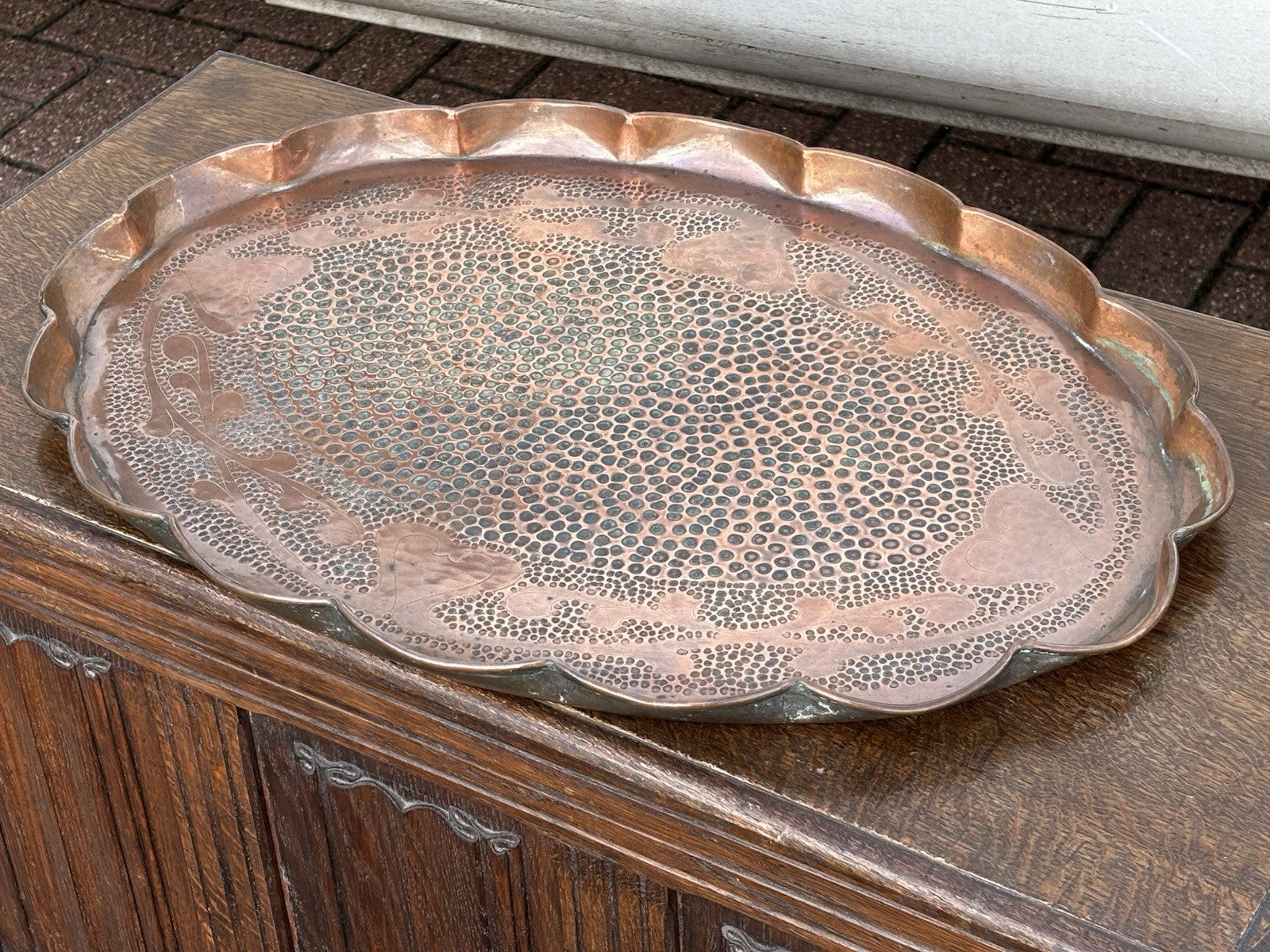 Arts & Crafts Decorated Copper Tray. Large In Size.