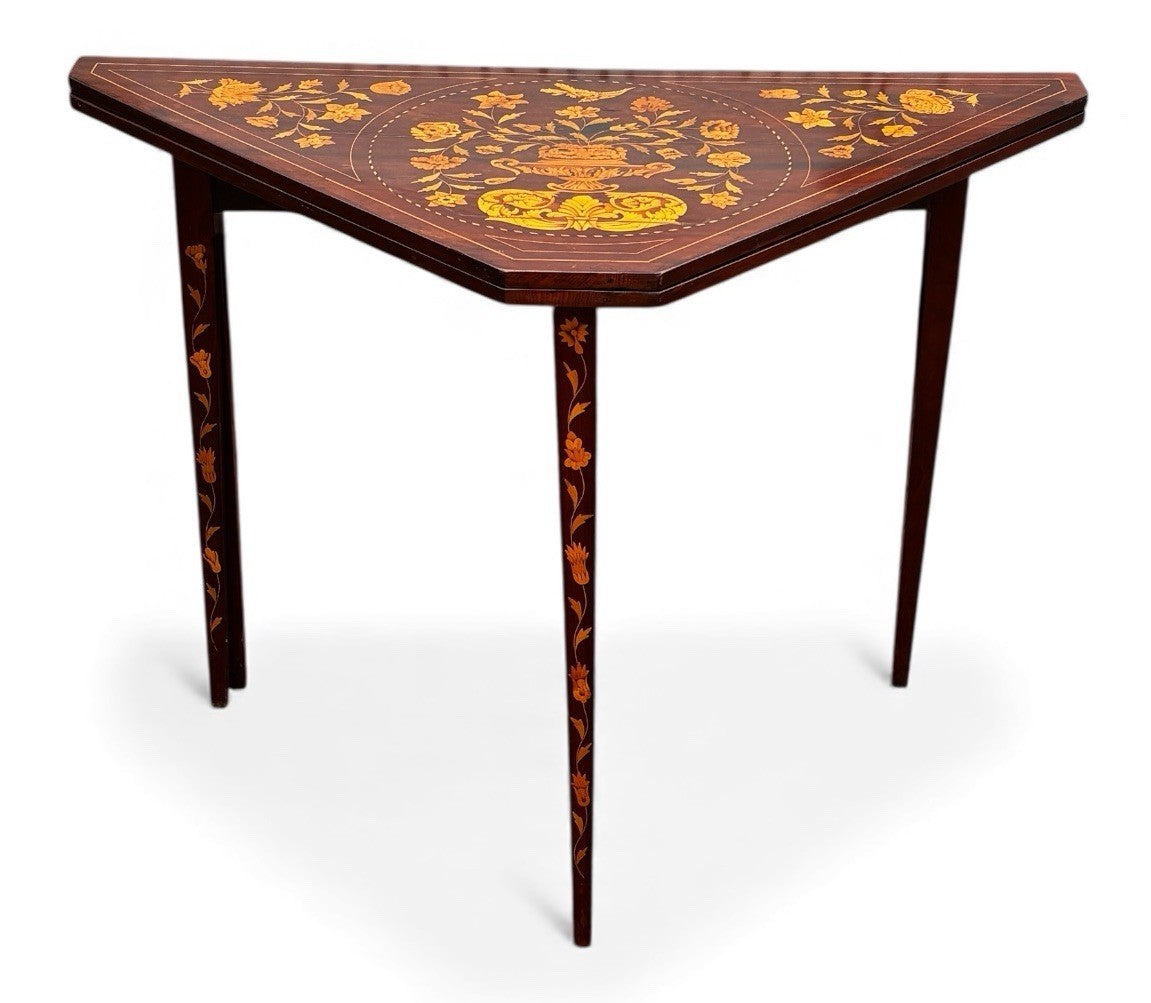 18thC Dutch Marquetry Games Table With Fold Over Lid & Baized Playing Area