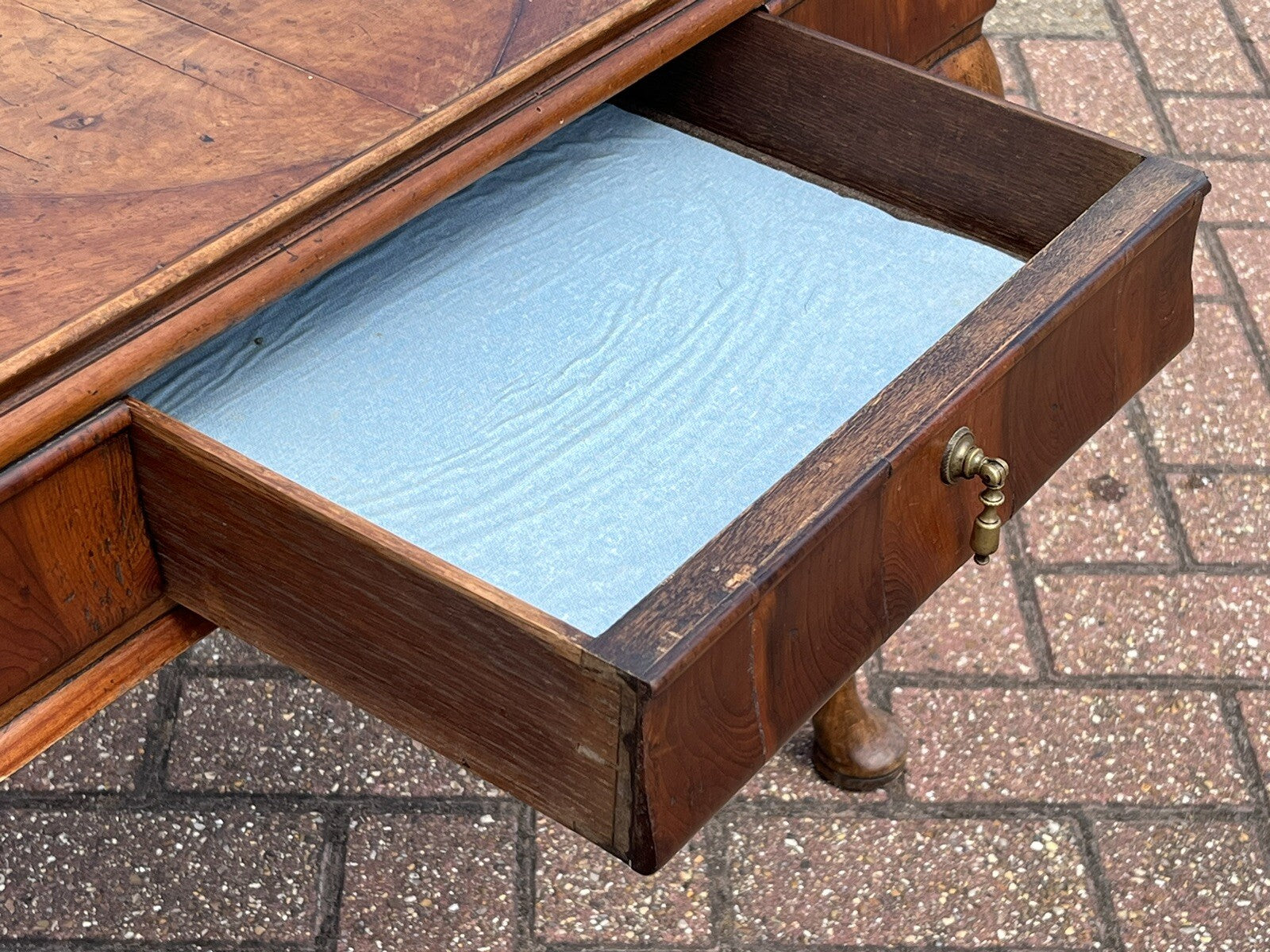 Antique Walnut Tray Top Side Table With Drawer. Pad Feet, Brass Handle.