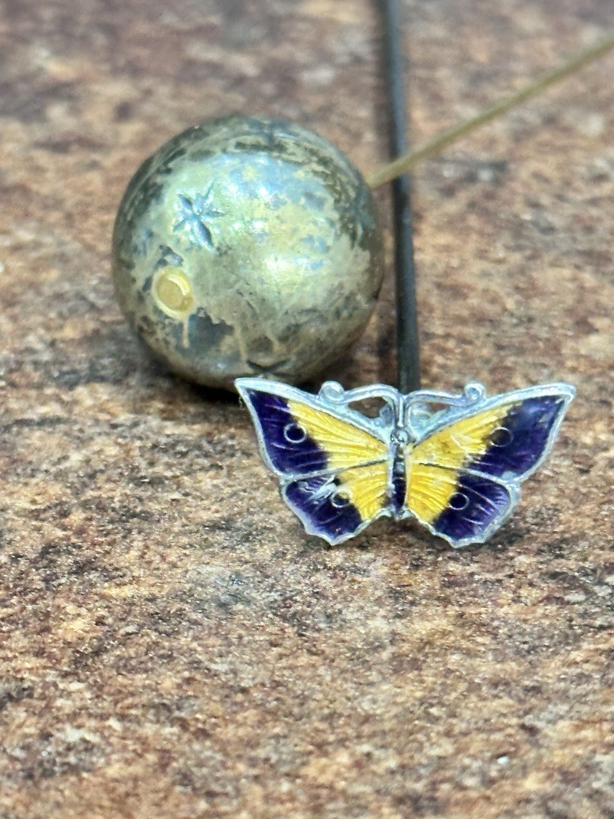 Antique 11cm Length Enamel Butterfly And Ball Stars Hat Pin