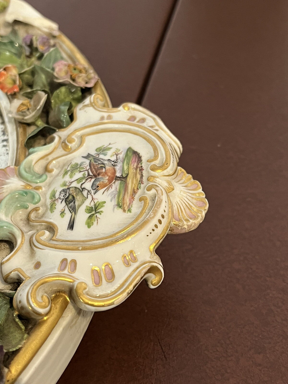 Antique Meissen German Porcelain Wall Mirror Set. Decorated With Cherubs & Birds