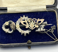 Antique Sterling Silver Gilt Key Heart Brooch Safety Chain Boxed