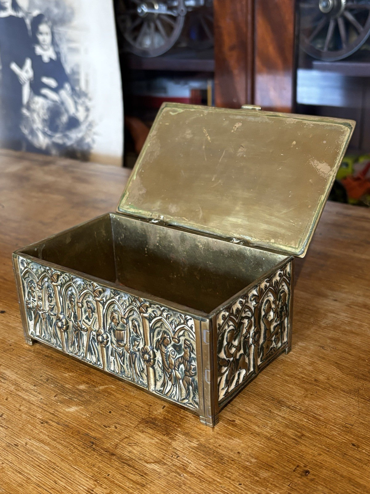 Antique Gothic Revival Gilt Brass Jewellery / Trinket Box With Religious Scenes.