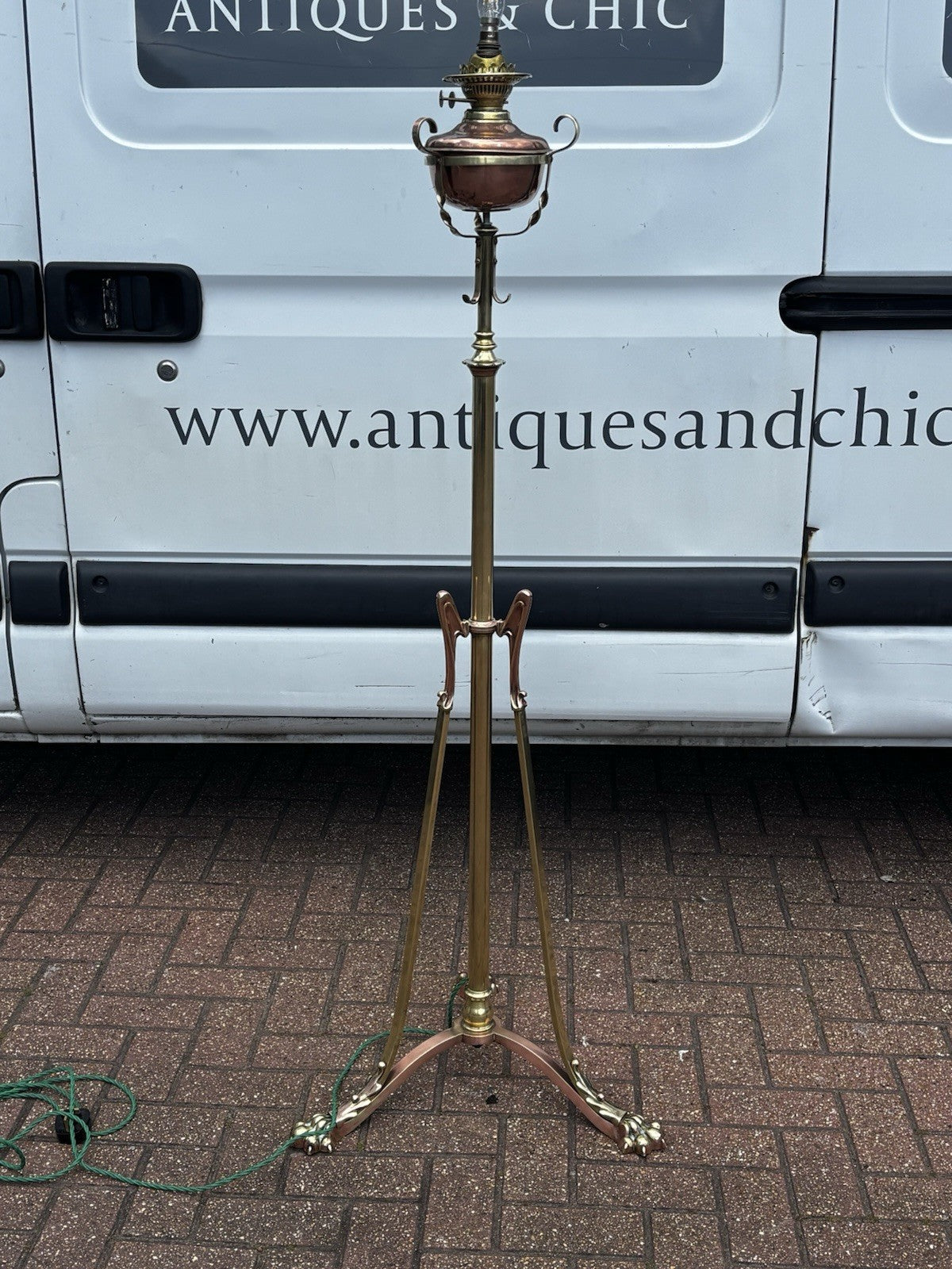 Art Noveau Brass & Copper Height Adjustable Electric Converted Oil Lamp- Superb