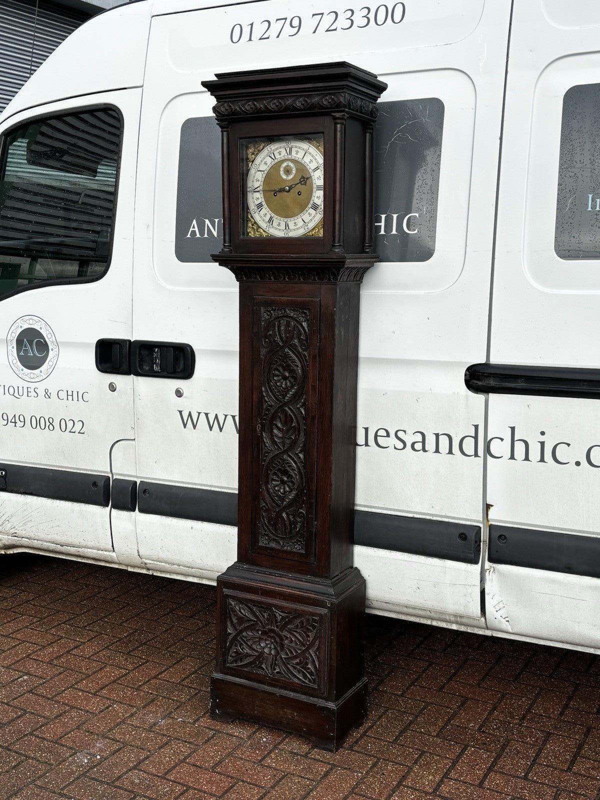 8 Day Longcase Clock, Carved Oak Case.