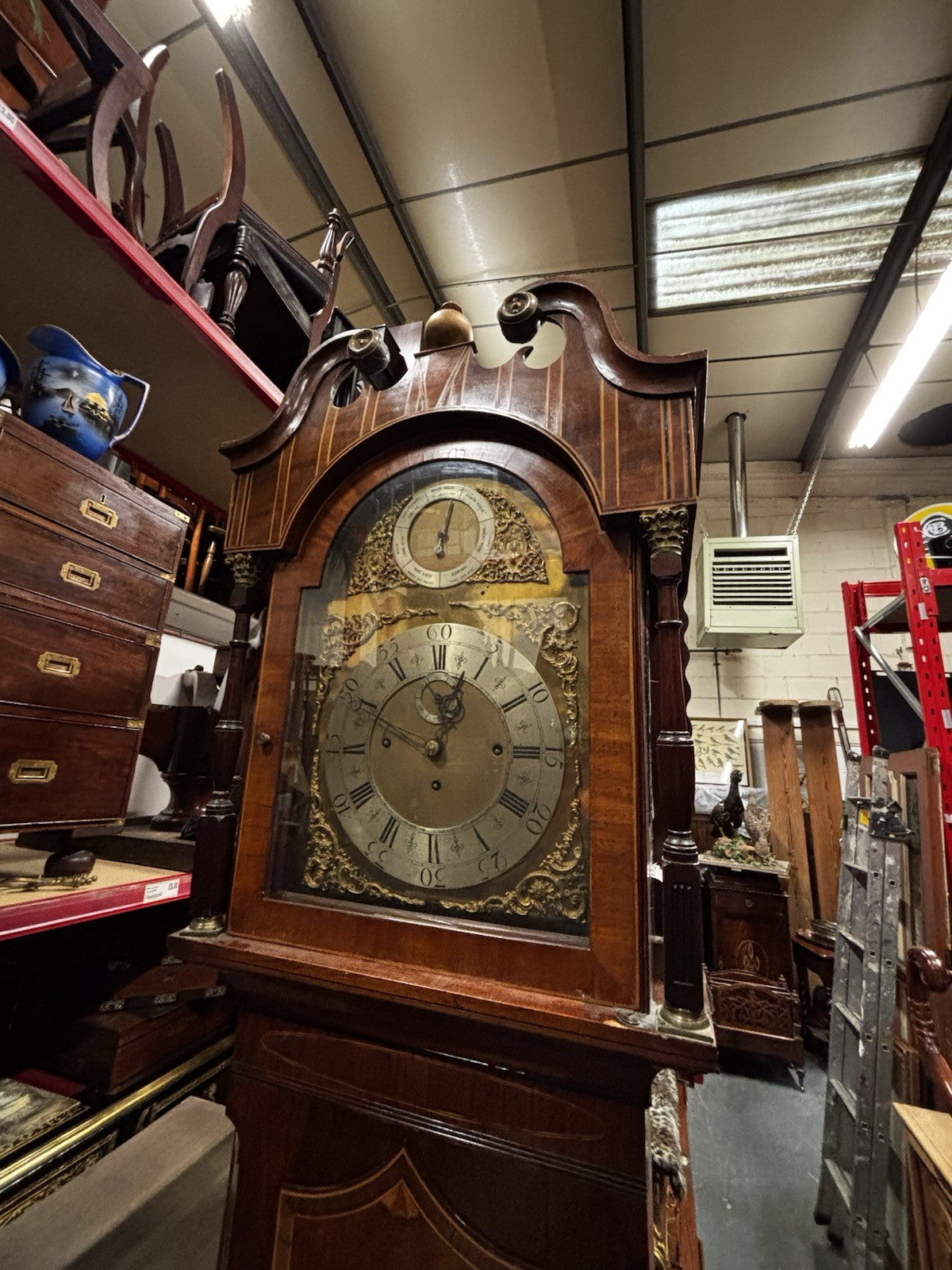 Antique Marquetry Inlaid 3 Weight Musical Longcase Clock, Brass Dial, Superb.