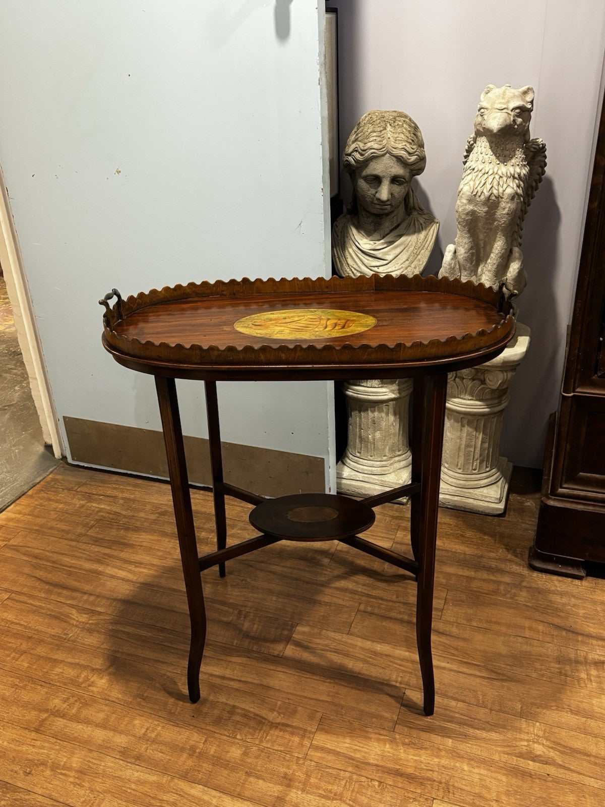 Antique English Wood Tray Top Serving Table with Inlaid Conch Design