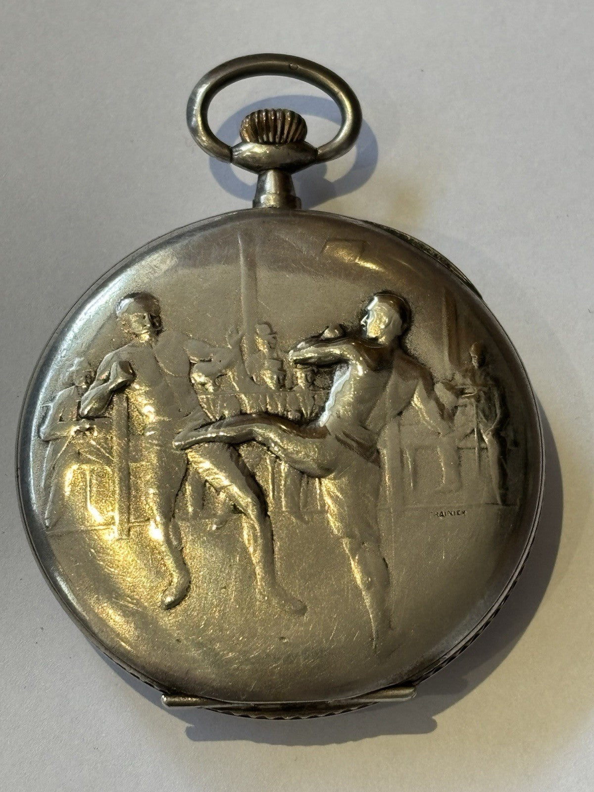 Antique Silver Pocket Watch With Boxing / Fighting Scene On Reverse