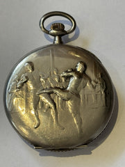 Antique Silver Pocket Watch With Boxing / Fighting Scene On Reverse